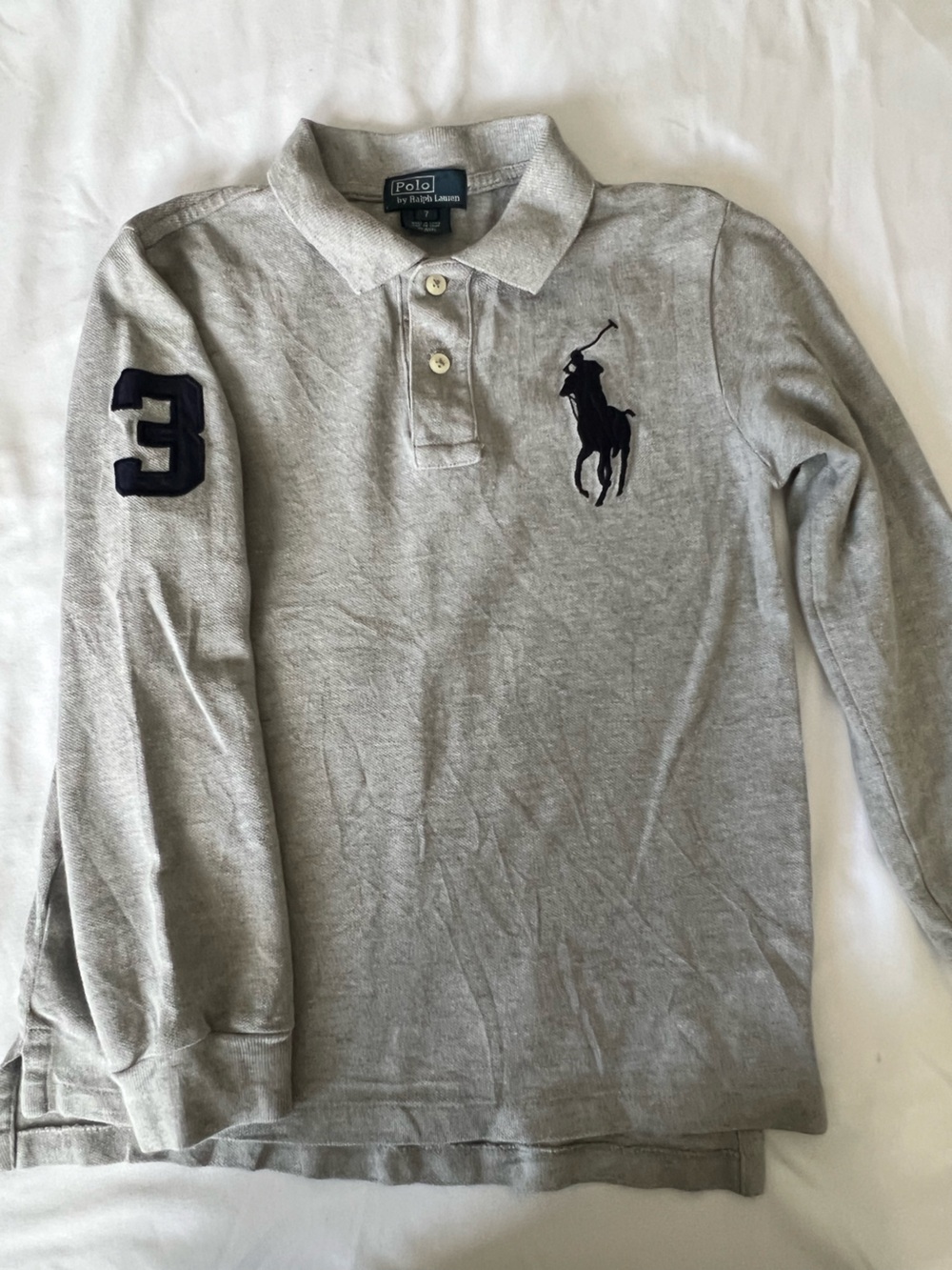 Ralph Lauren Light Gray Long-Sleeve Polo with Navy Logos